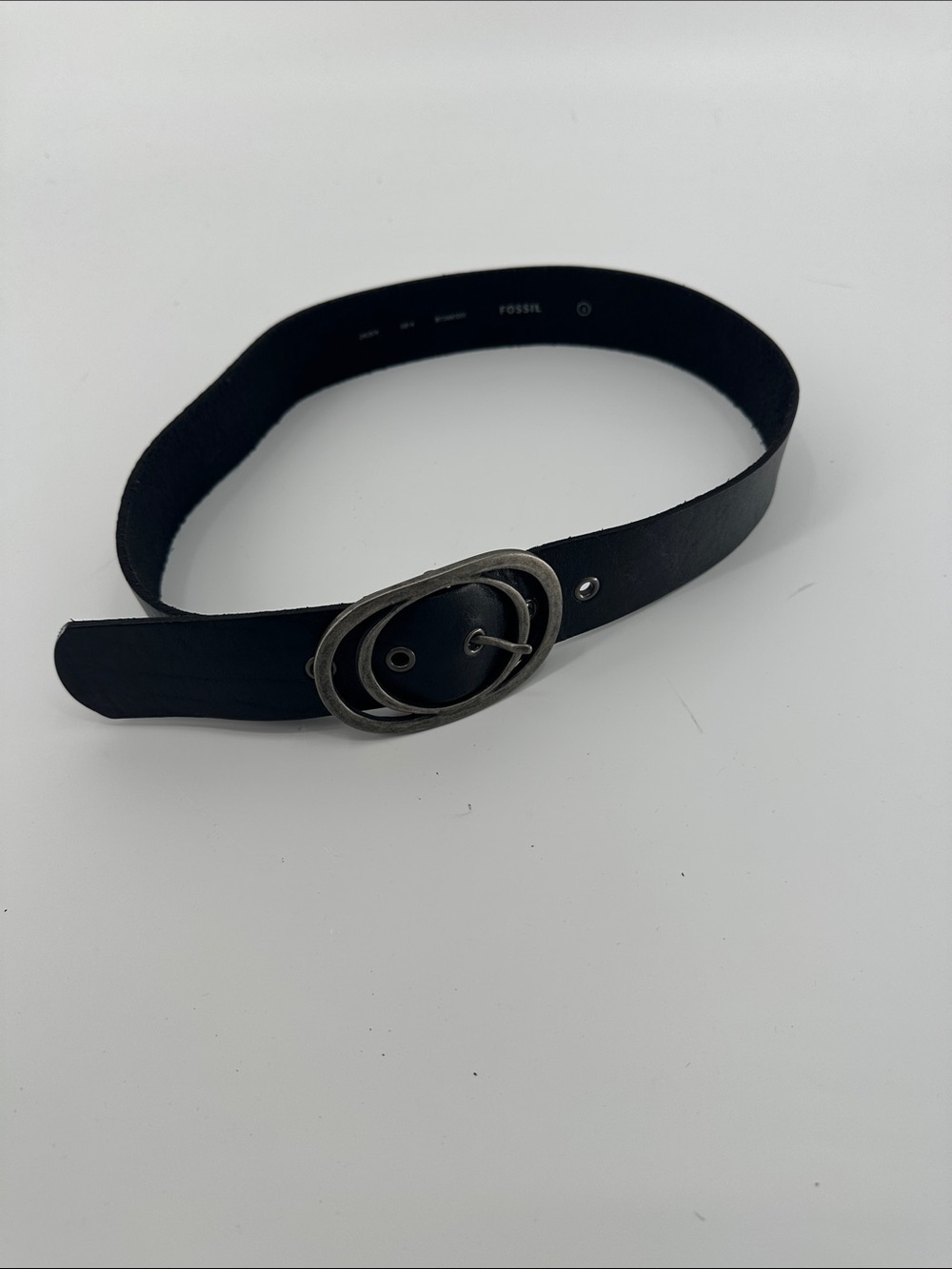 Fossil Black Leather Belt with Double Oval Silver Buckle